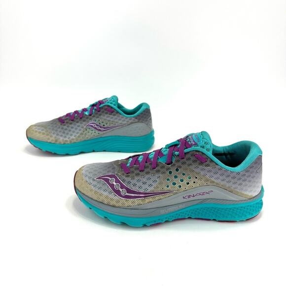 Saucony Kinvara 8 Everun Women Running Shoes Sz 8 Gray Teal Purple Mesh Sneakers - Picture 1 of 16
